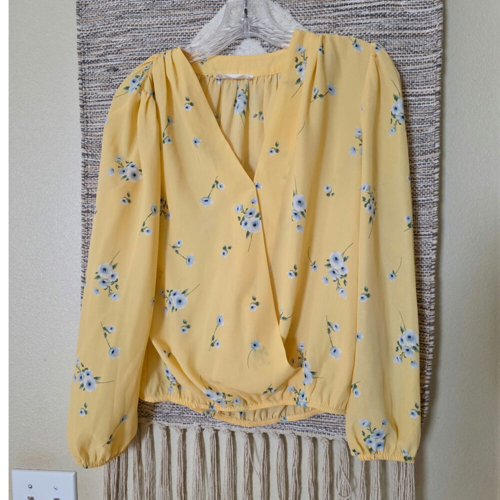 Elodie Floral Blouse Small Yellow Blue Floral V Neck Peasant Boho Long Sleeve